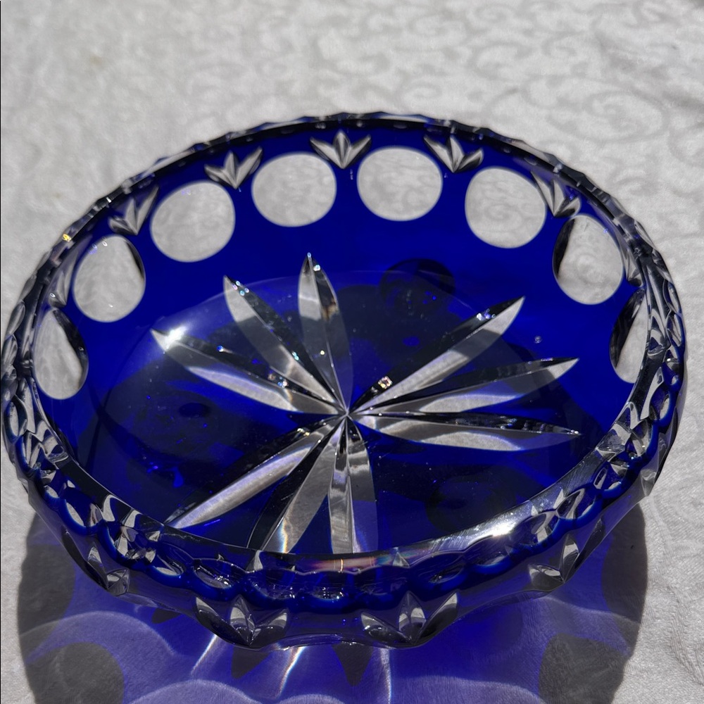 Vintage Cobalt Blue Cut Glass Decorative Bowl - Home Art 8” width , 3” tall - Picture 8 of 13